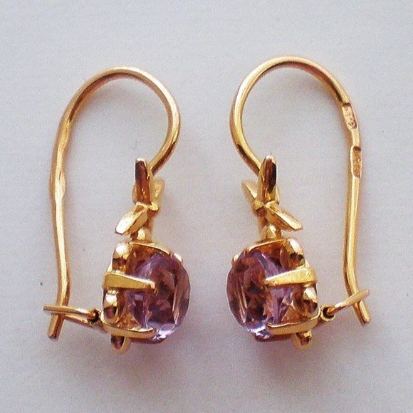 Vintage Russian Russia USSR 14K 583 Rose Pink Gold Amethyst Dangle EARRINGS - Picture 2 of 3